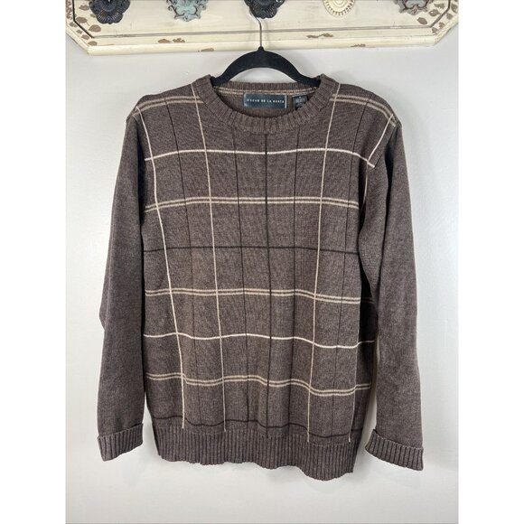 Oscar De La Renta Mens Plaid Knit Sweater Brown Medium - Picture 1 of 6